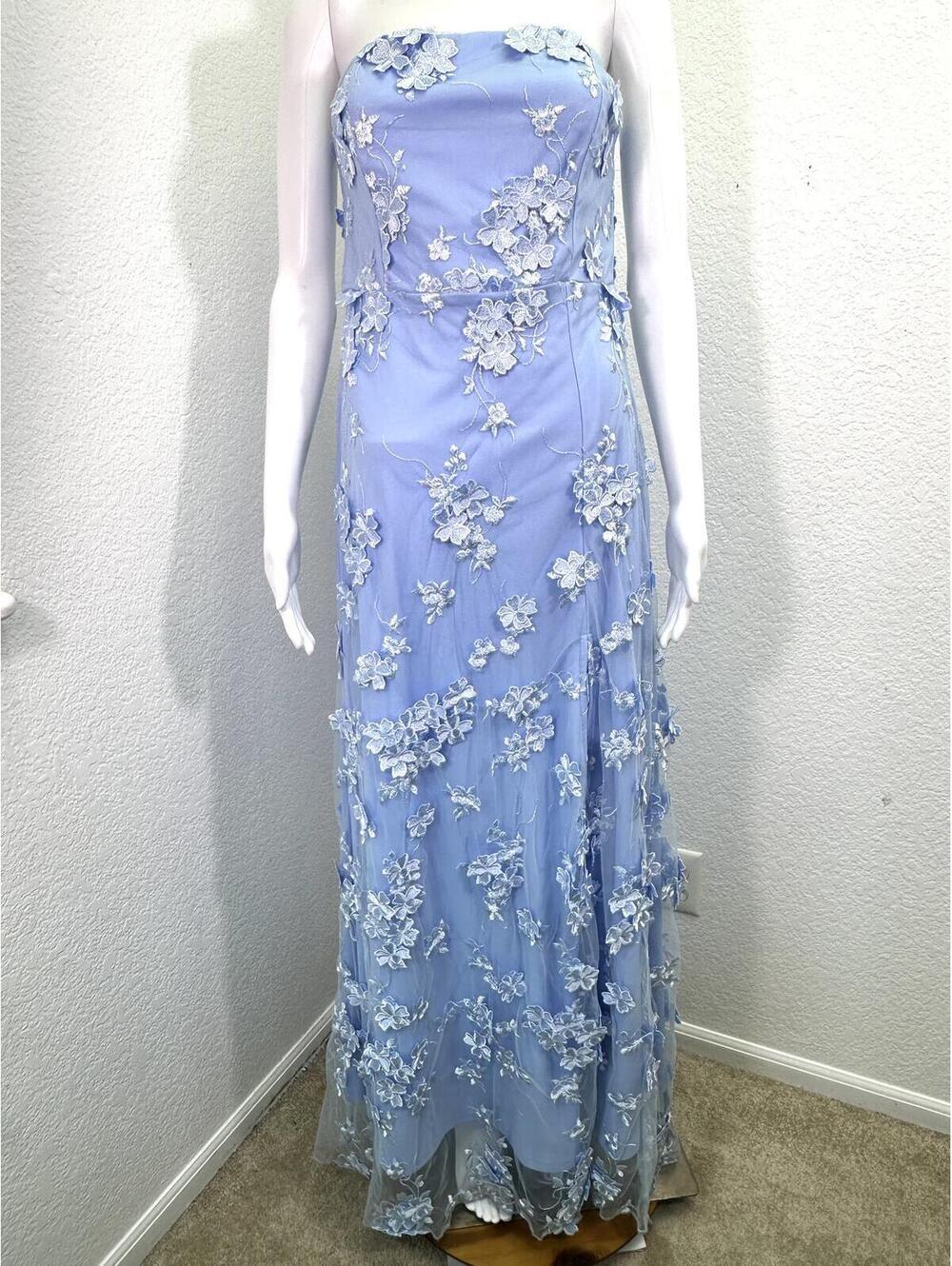 Women’s Sz L Lulus Powder Blue 3D Floral Strapless Prom Maxi Dress